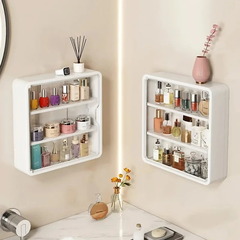Multi Layer Wall Mounted Bathroom Organizer Cabinet No Drill Cosmetic Storage Display Shelf with Removable Shelves – White
