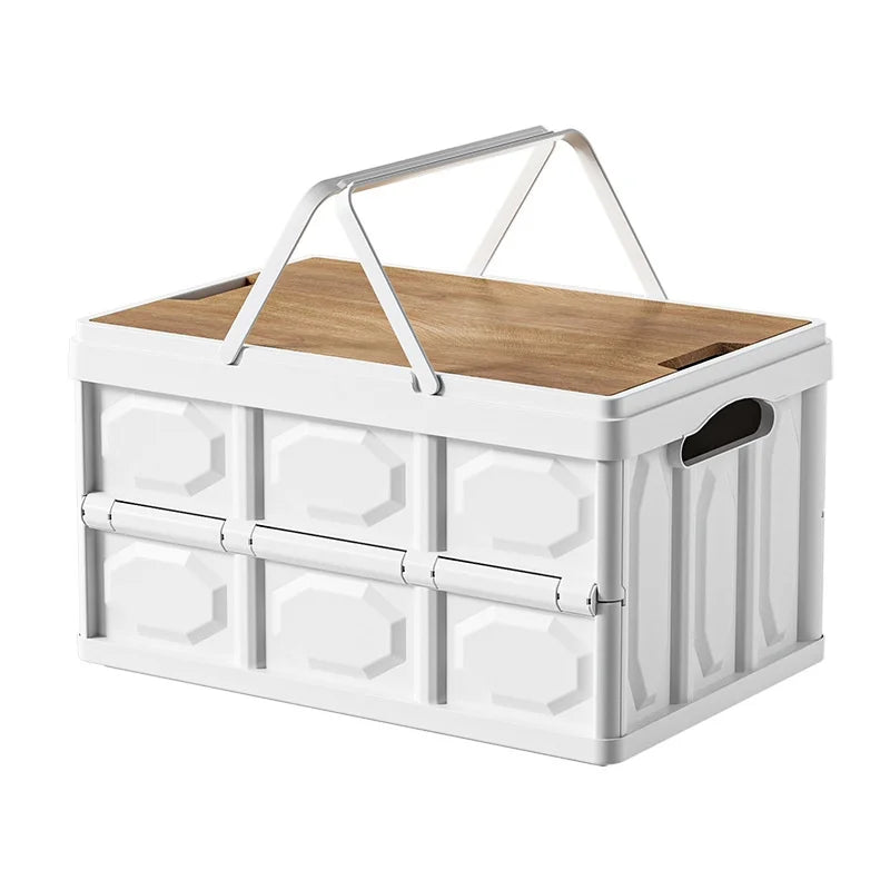 Foldable Camping Storage Box with Wooden Lid, Portable Stackable Organizer for Travel - White