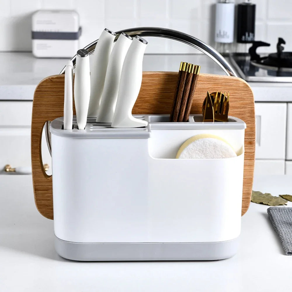 Multifunctional Knife Block for Countertop, Knife Storage Organizer with Drain Tray Kitchen Utensils Holder (No Cutting Board)
