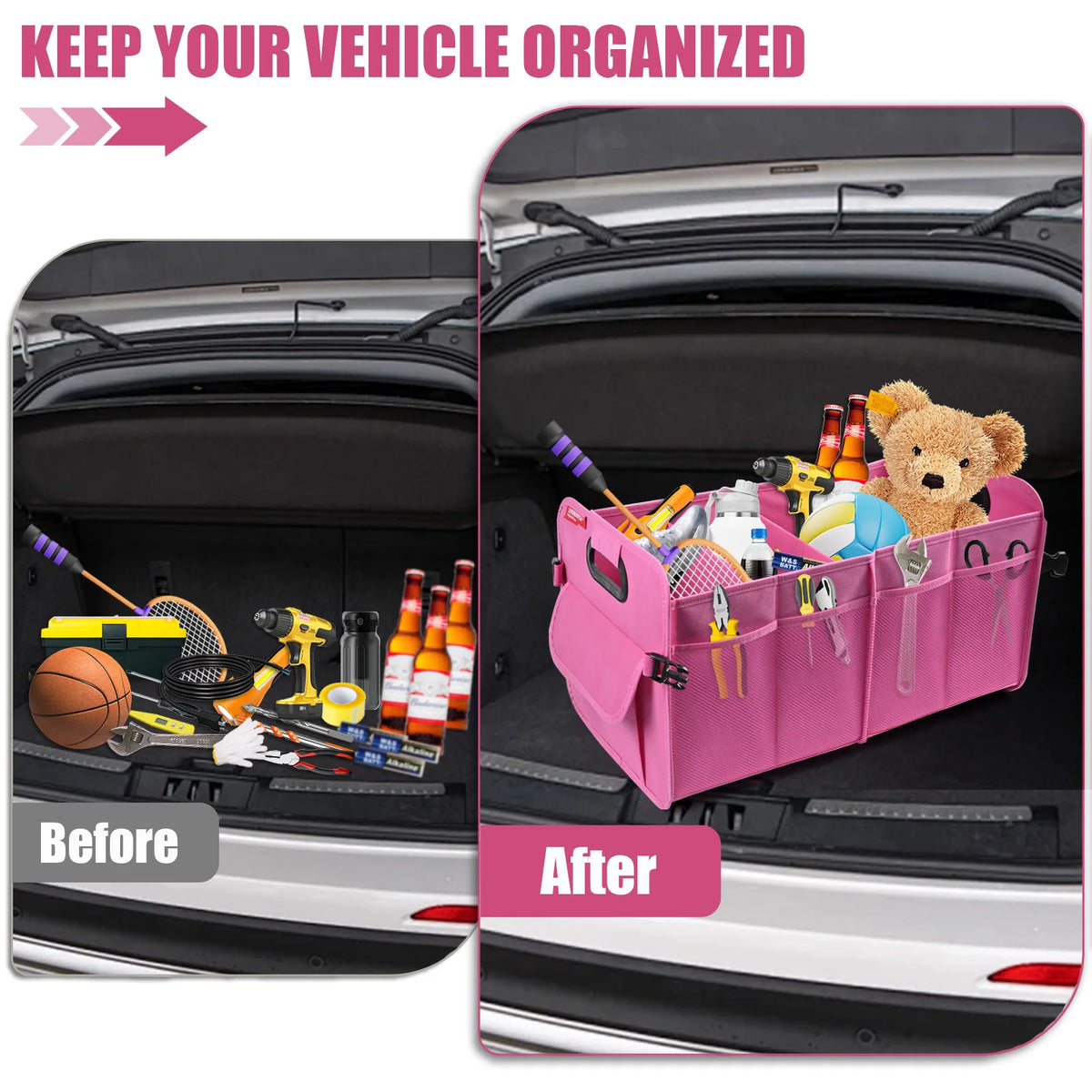 Foldable Car Trunk Organizer 55cm Waterproof Oxford Storage Bag - Pink