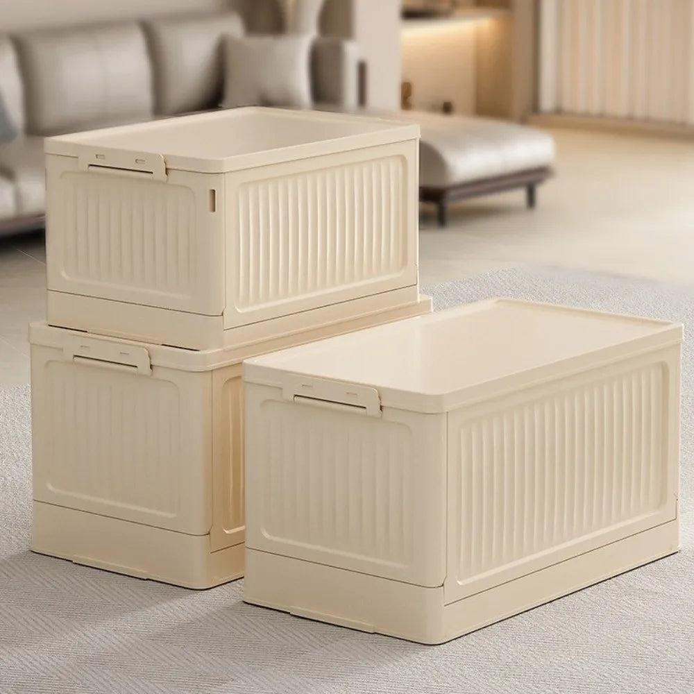Storage Box with Lid 44 × 27 × 26.5 cm Foldable Stackable PP Organiser - Beige