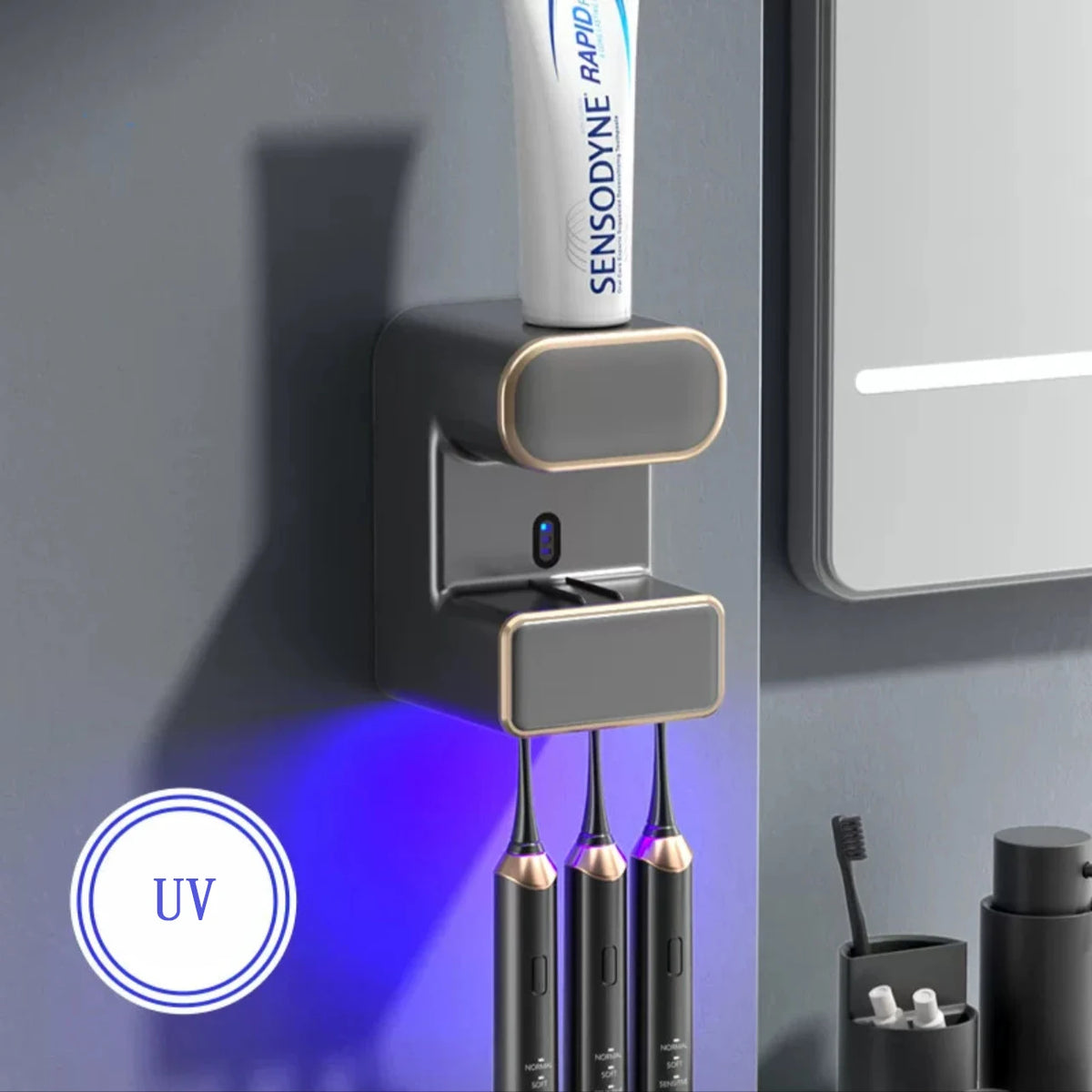 UV Toothbrush Holder Wall Mounted Automatic Toothpaste Dispenser Storage Rack – Black