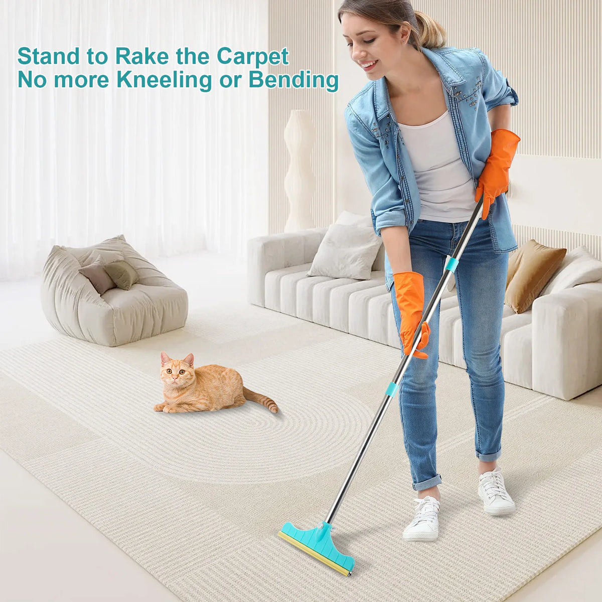 Pet Hair Broom 83.8 cm Long Handle Non-Stick Carpet Fur Removal Brush - Blue