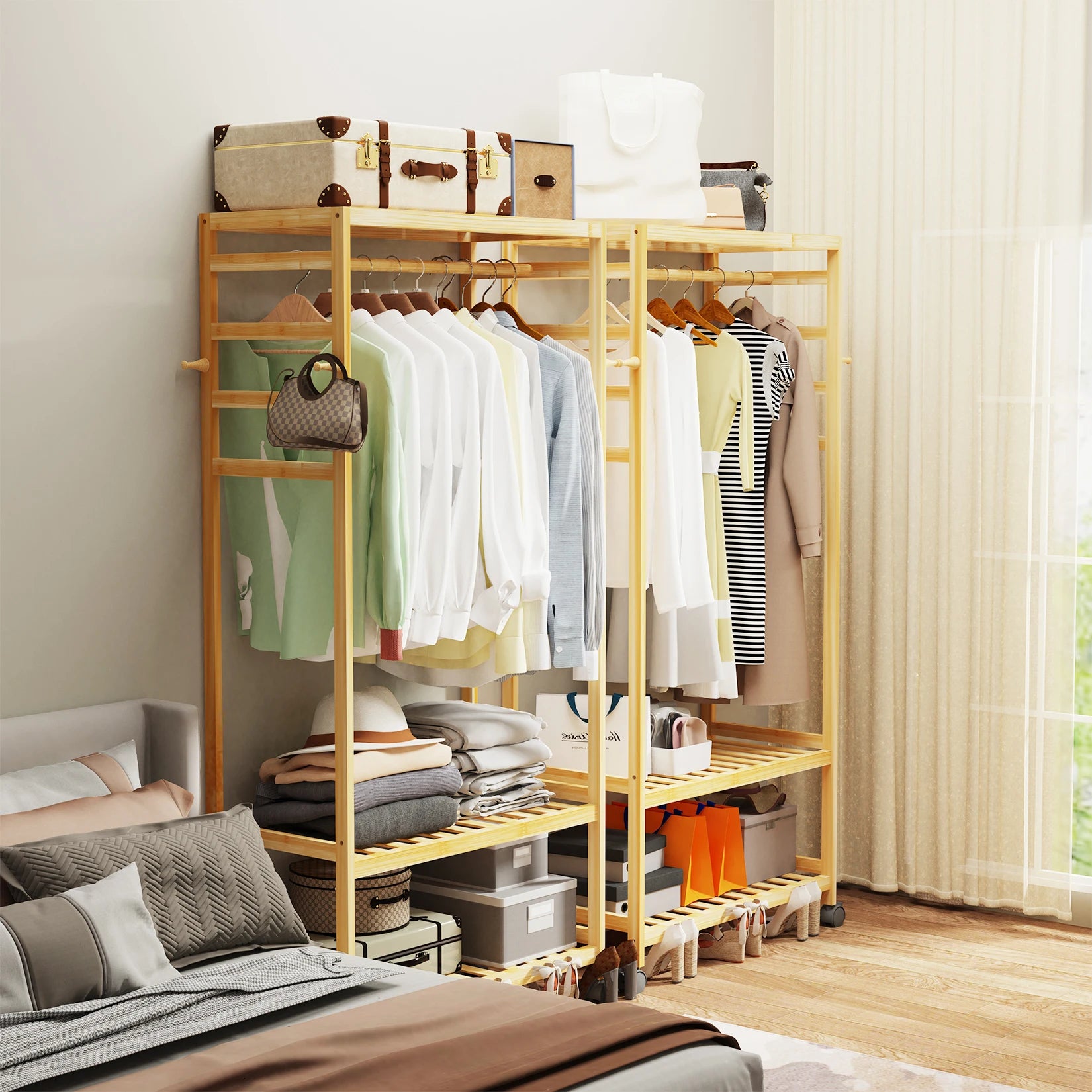 Heavy Duty Bamboo Clothes Rack with Shelves Rolling Garment Rail Open Wardrobe and Side Hooks – Natural Wood