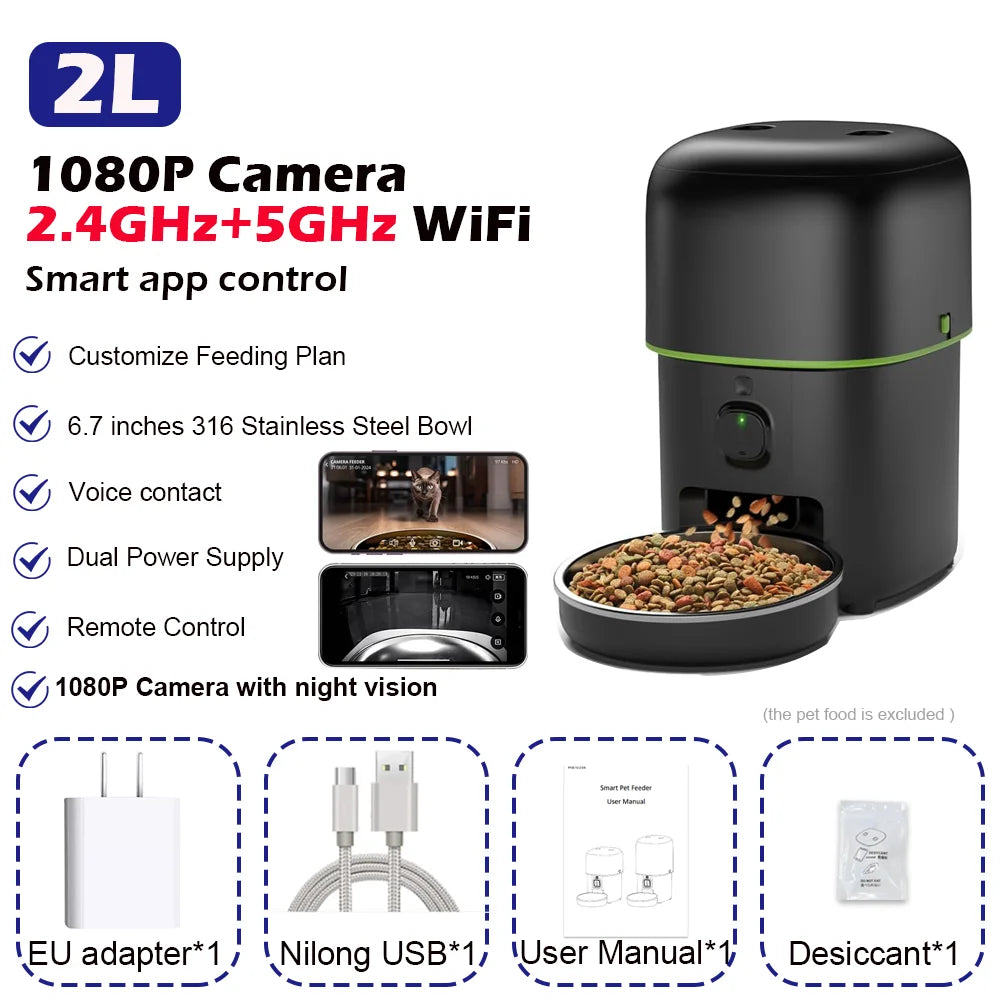 Pet Feeder 2L 1080P Camera WiFi App Controlled Automatic Meal Dispenser with Stainless Steel Bowl