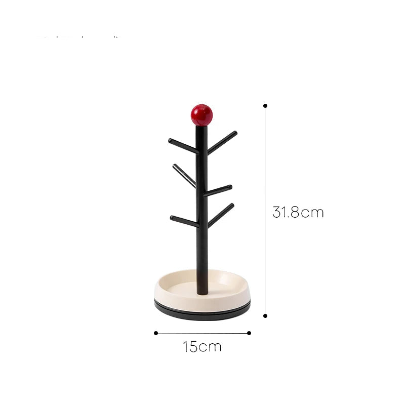Rotating Wooden Mug Tree Cup Holder Countertop Coffee Cup Drying Rack Storage Stand – Black with Red Ball Accent