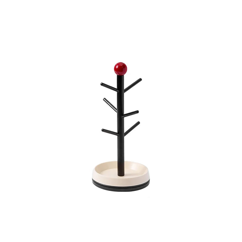 Rotating Wooden Mug Tree Cup Holder Countertop Coffee Cup Drying Rack Storage Stand – Black with Red Ball Accent
