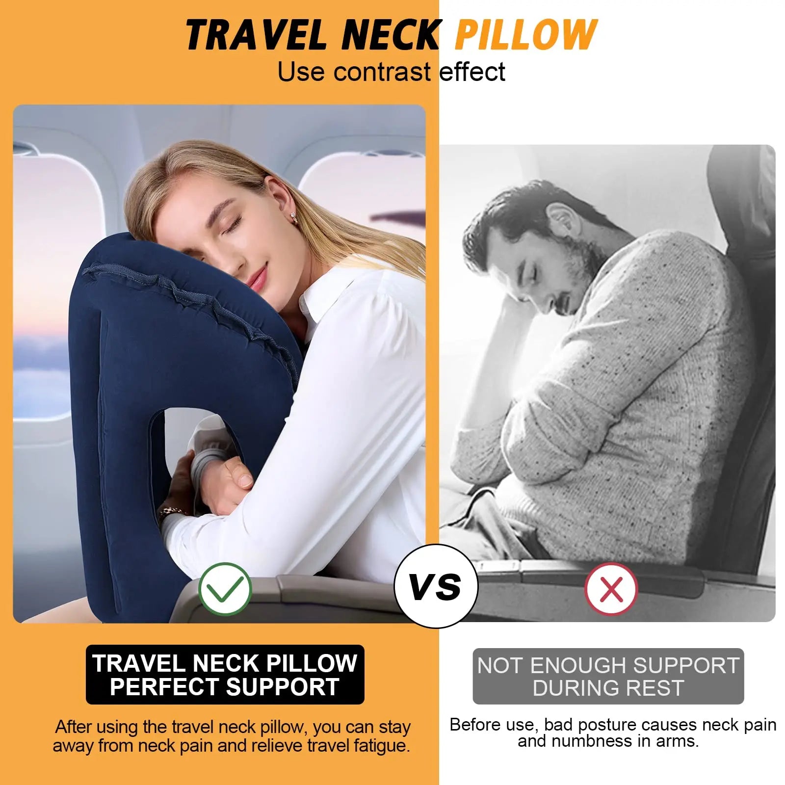 Inflatable Travel Neck Pillow Ergonomic Airplane Head and Neck Support Cushion – Black