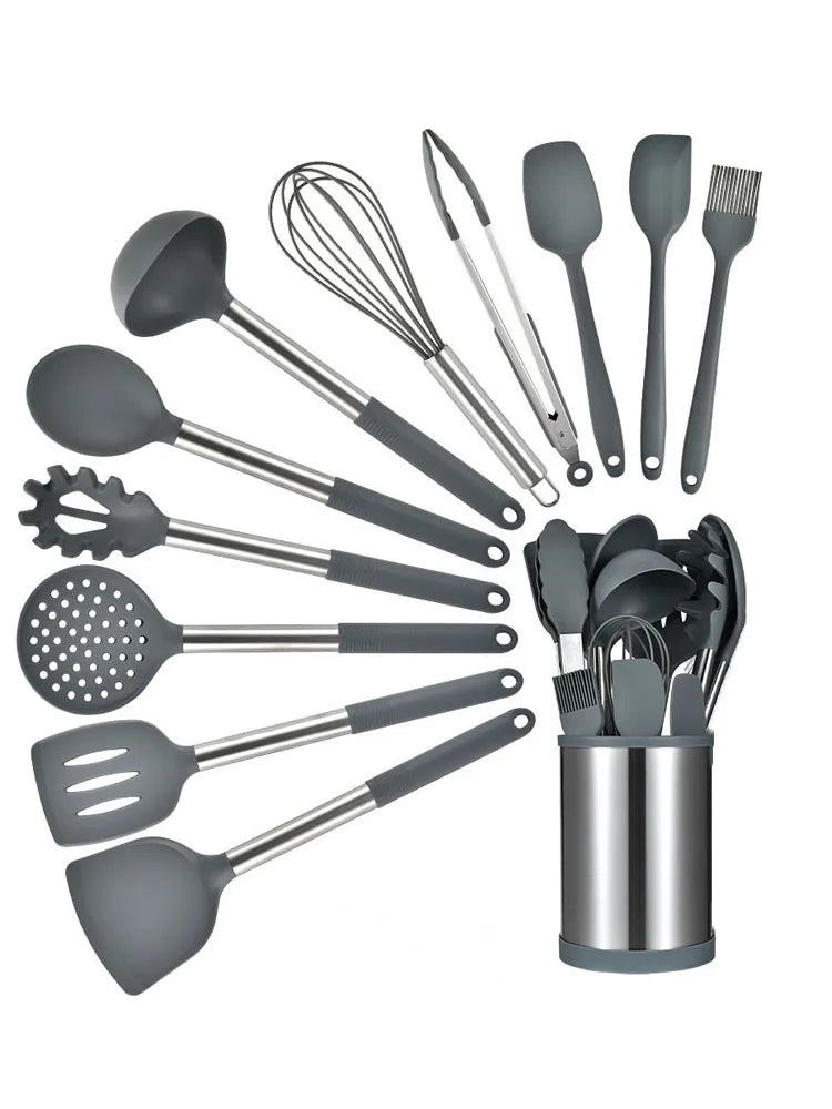 12PCS 360° Rotating Silicone Kitchen Utensil Set – Non-Toxic Cooking & Baking Tools – Heat Resistant with Rotating Base - Grey