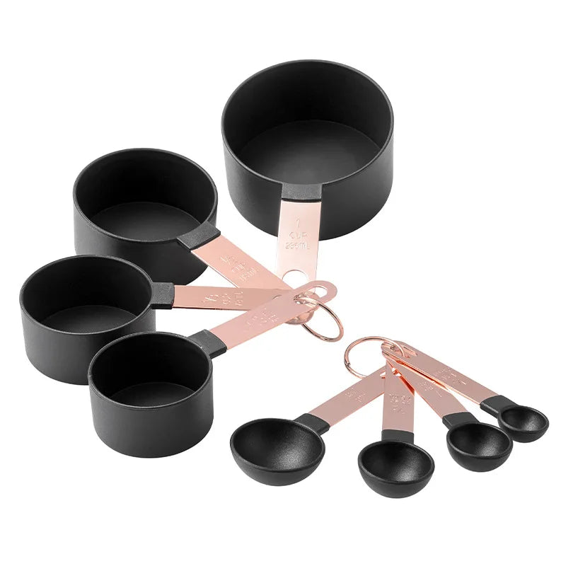 Measuring Cups 8 Piece Stainless Steel Handle Baking Cooking Measuring Spoon Set - Black
