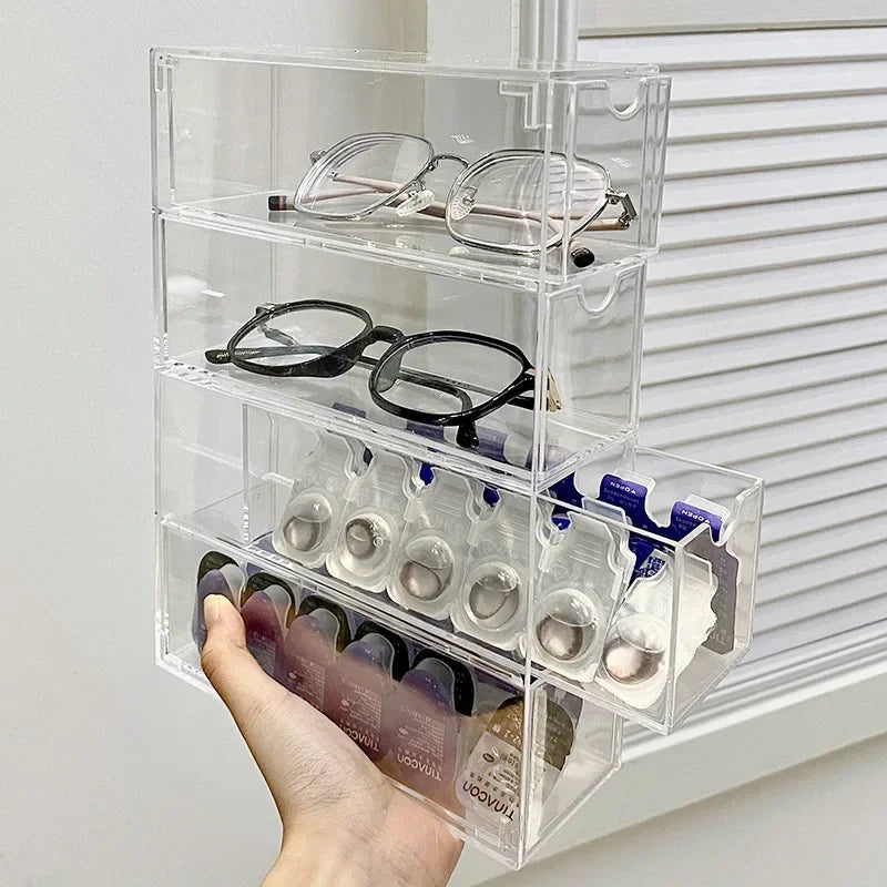 Portable Dustproof Contact Lens Storage Box 4 Drawer Transparent Plastic Organizer Case