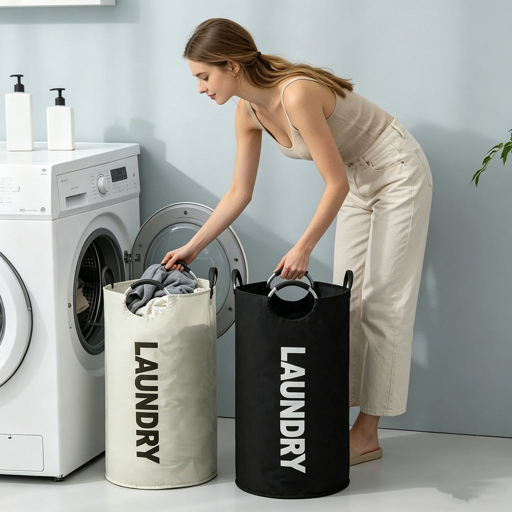 Laundry Basket 90L Foldable Waterproof Oxford Hamper with Padded Handles - Black