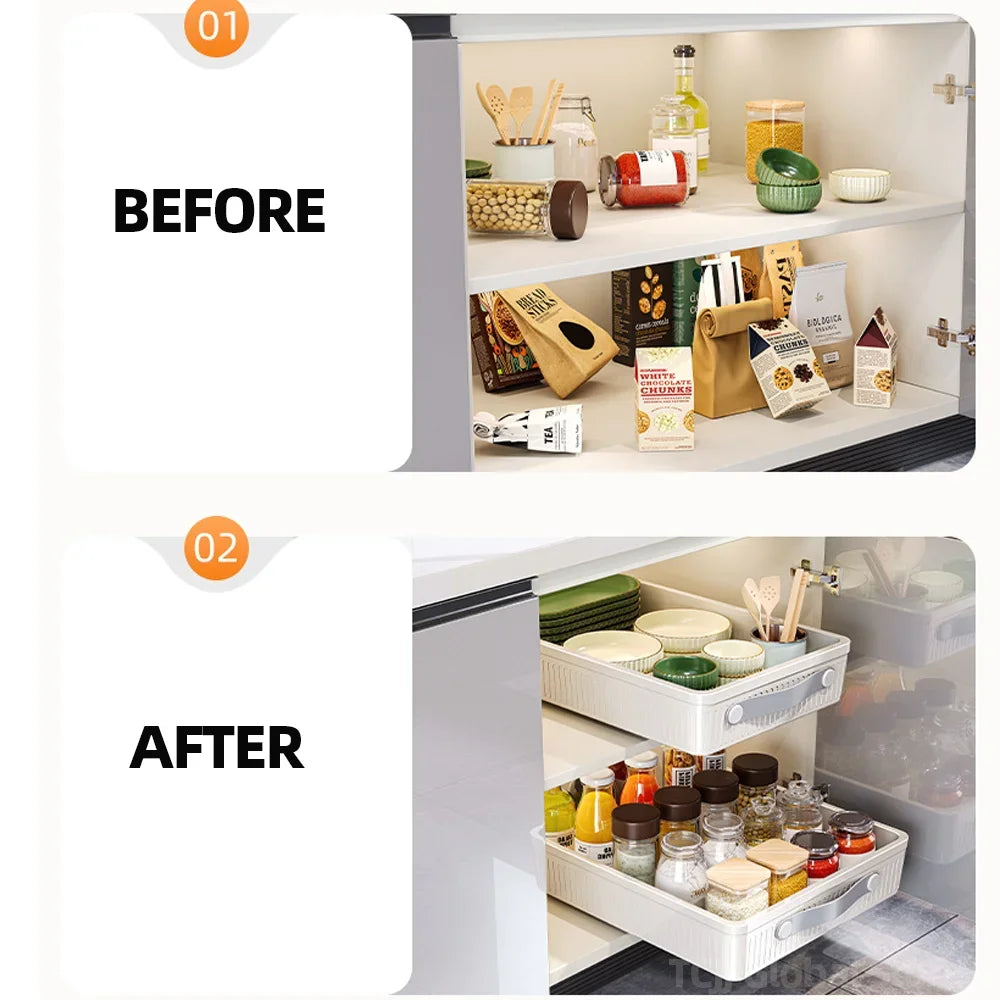 Kitchen Sliding Cabinet Shelf – Pull-Out Storage Tray with Slide Rails – Drawer Organizer for Pantry, Dishes, and Bowls – 1pc M