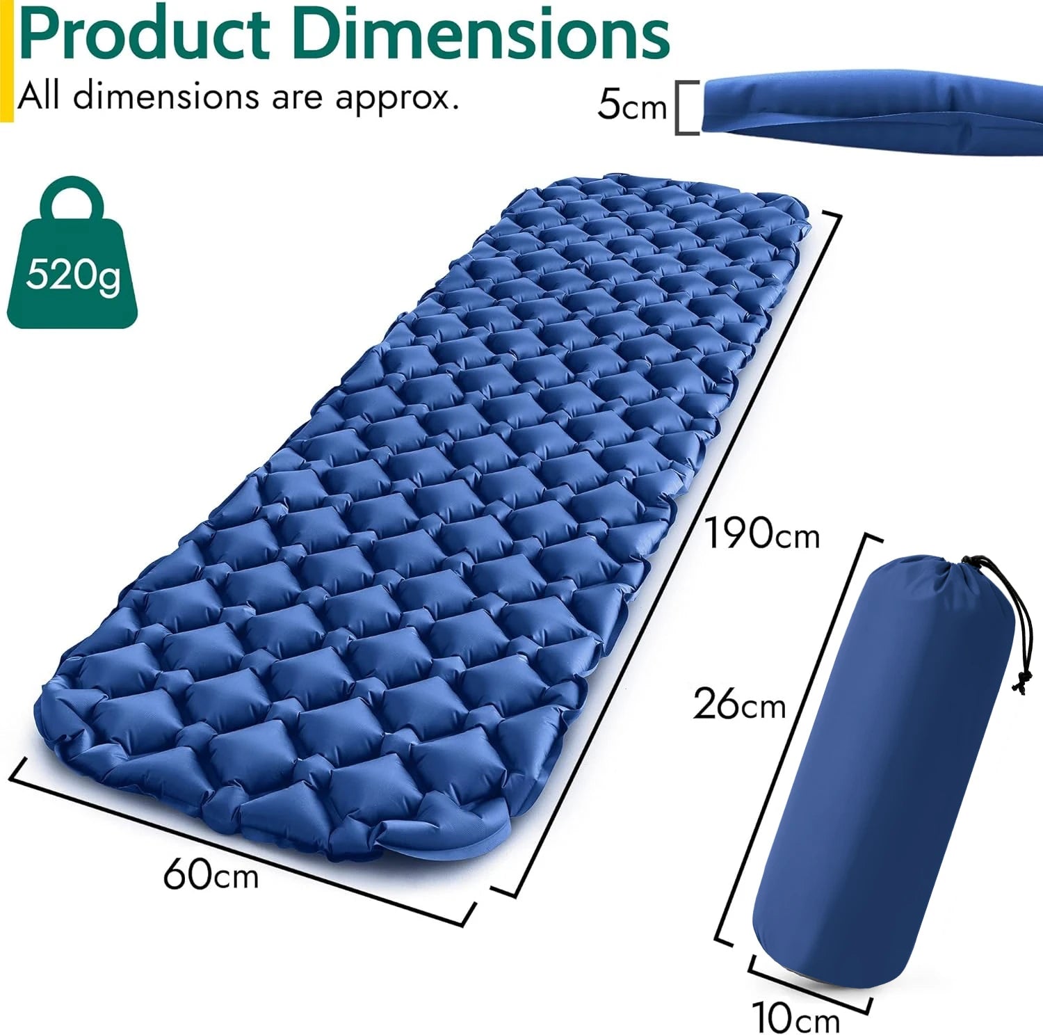 Camping Sleeping Pad Inflatable Mattress Ultralight TPU Nylon Travel Mat 190x60cm - Royal Blue