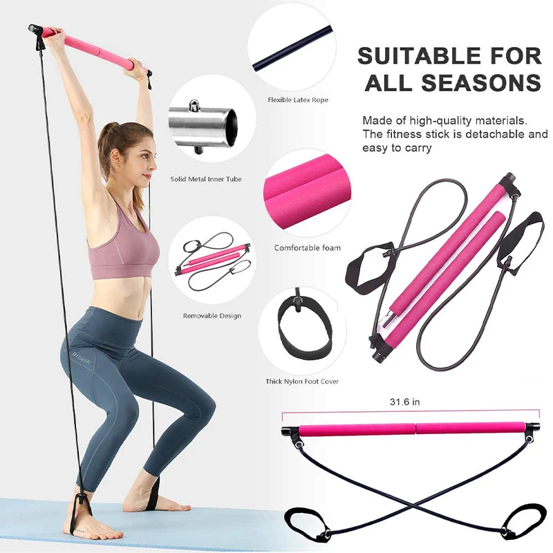 Pilates Bar Portable Resistance Training Stick Detachable Fitness Bar with Bands Home Workout Tool - Pink