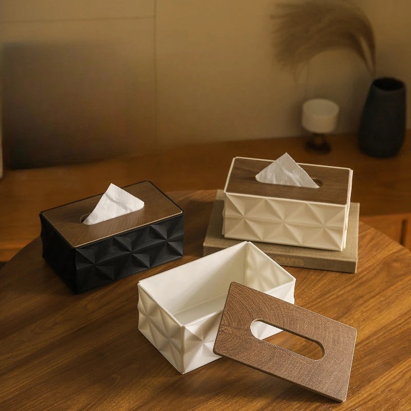 Large Capacity Ripple Tissue Box Cover with Wooden Lid Modern Desktop Tissue Holder Home Organizer – White
