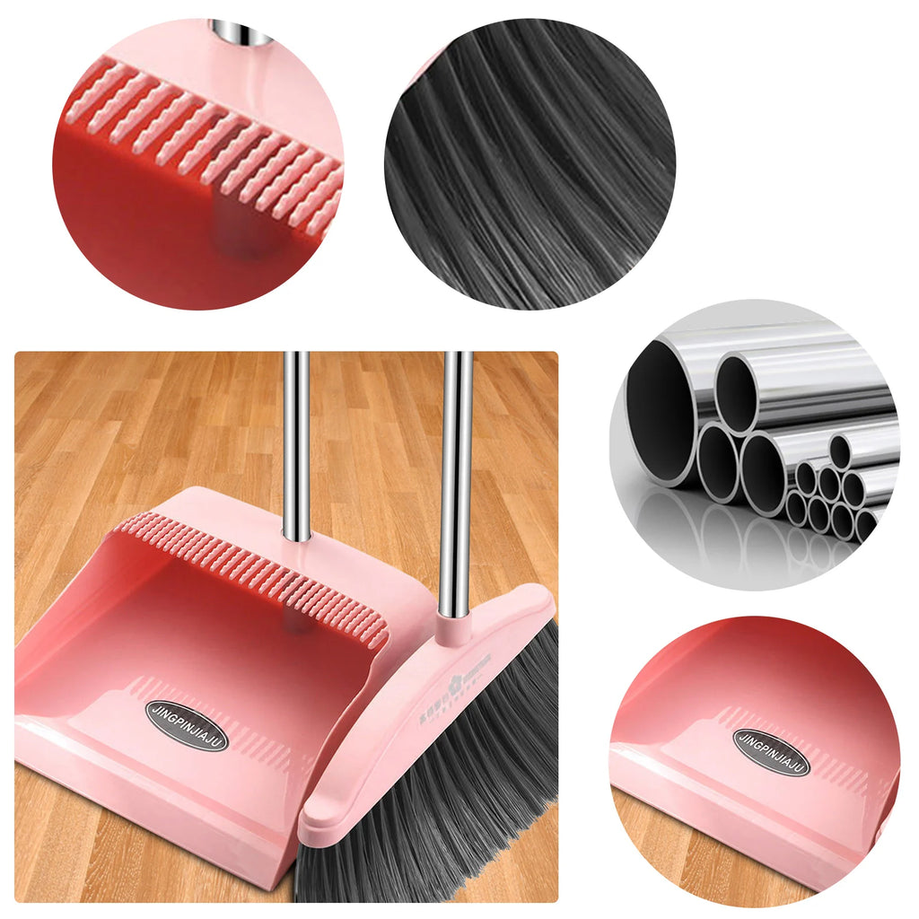 Broom and Dustpan Set Long Handle Folding Dustpan Stand-Up Storage Cleaning Tool Pink