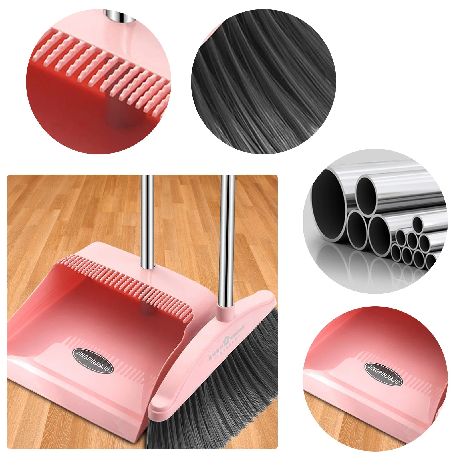 Broom and Dustpan Set Long Handle Folding Dustpan Stand-Up Storage Cleaning Tool Pink