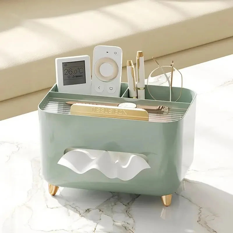 Tissue Box Holder with Storage Compartments and Remote Organiser ABS - White