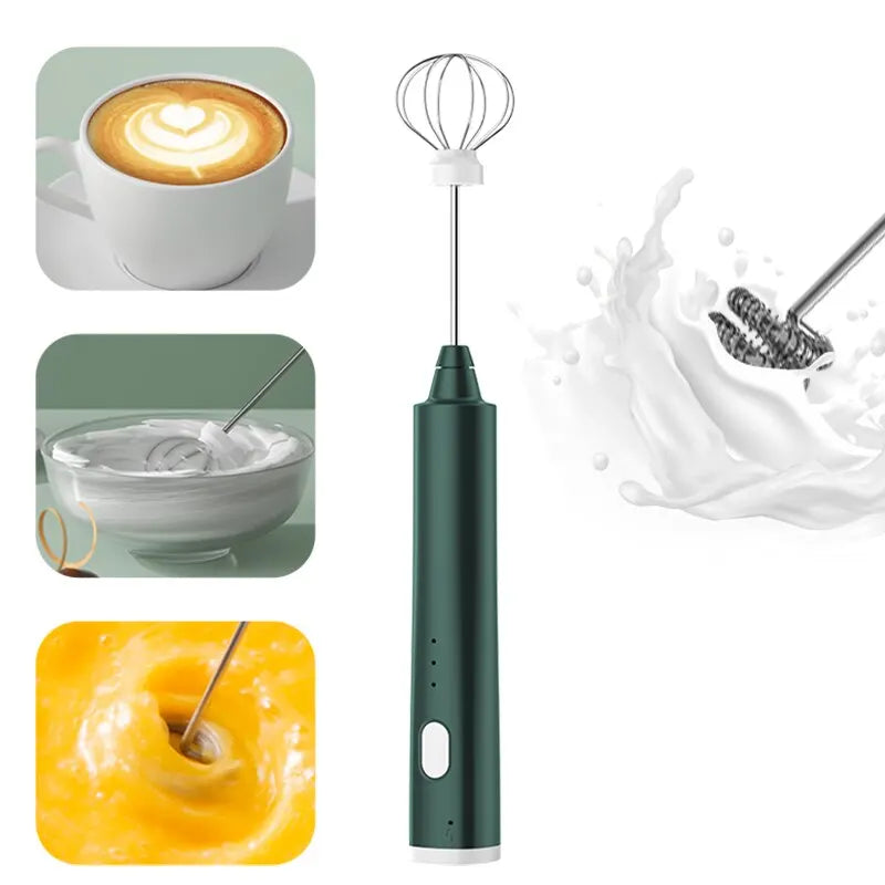 Electric Milk Frother 3-Speed USB Rechargeable Egg Beater Foam Maker – Green