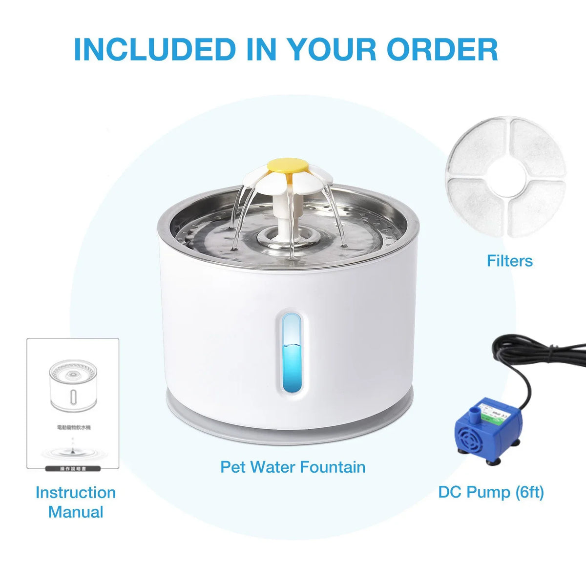 Cat Water Fountain 3.2 L Stainless Steel Automatic Pet Drinking Bowl - Blue