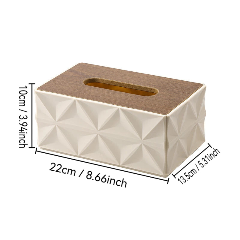 Large Capacity Ripple Tissue Box Cover with Wooden Lid Modern Desktop Tissue Holder Home Organizer – White