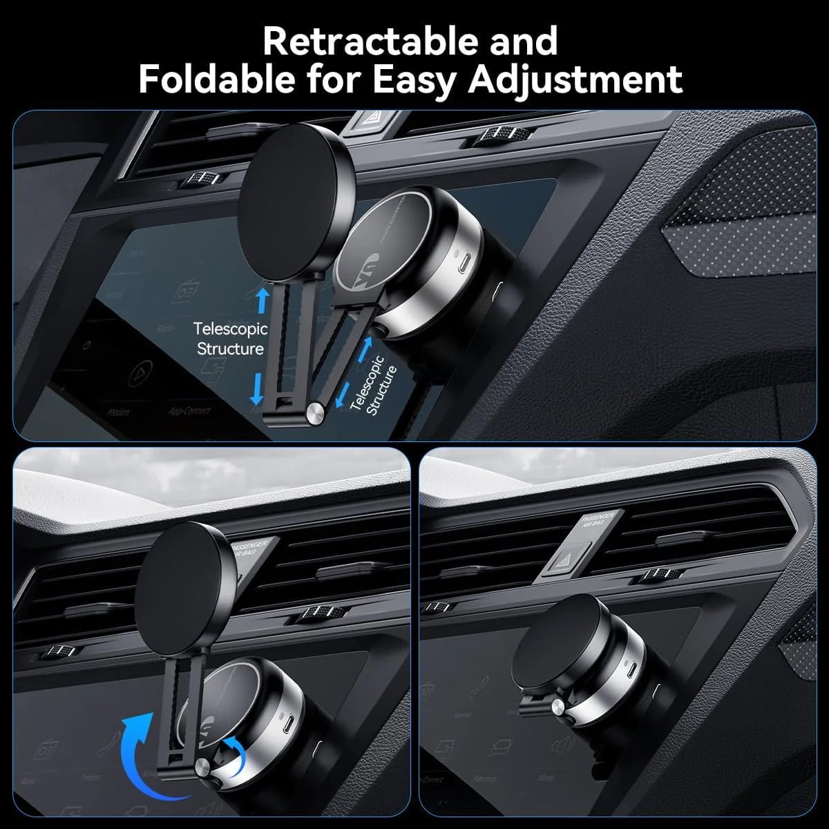 Phone Holder 130mAh Foldable Vacuum Mount 360° Rotating Telescopic Stand - Black