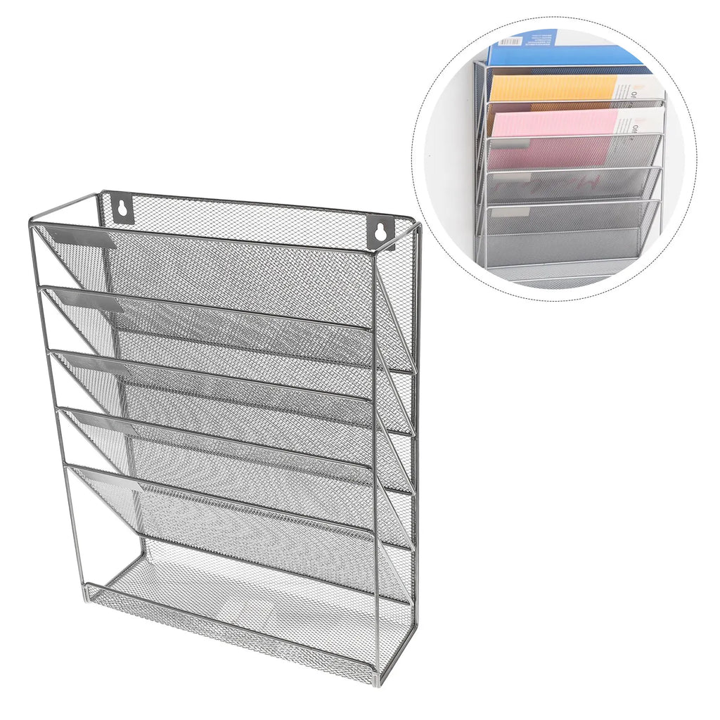 Heavy Duty Wall Mounted Iron File Rack 40.5 cm Multi Layer Document Organizer Shelf - Silver