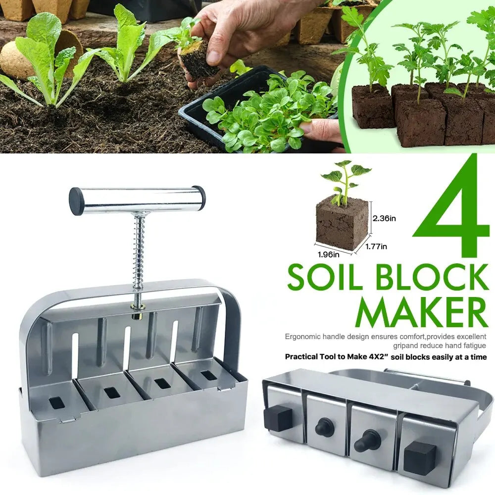 Soil Block Maker – 4-Cell Handheld 50mm Seedling Blocking Tool for Garden & Greenhouse Use