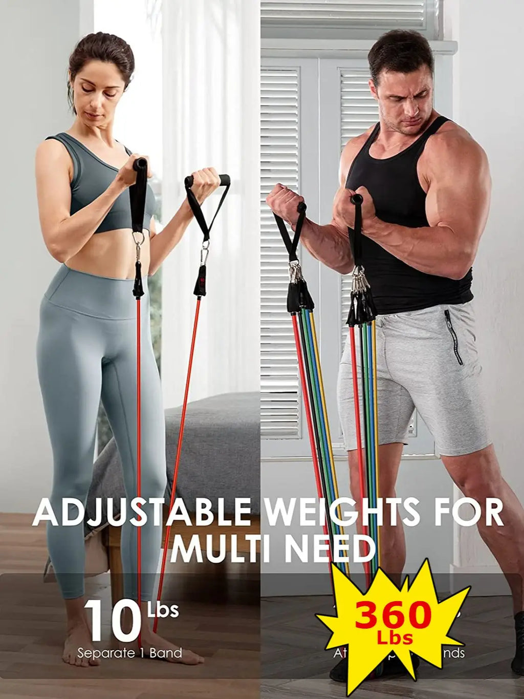 Resistance Bands Set Stackable Elastic Tubes Workout Kit with Door Anchor and Ankle Straps - 11pcs