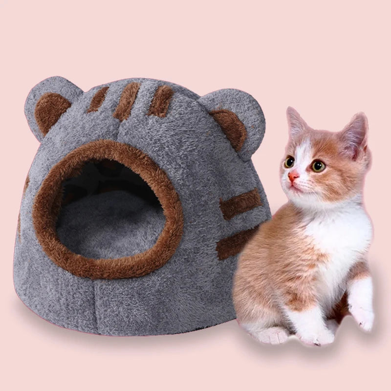 Pet Cave Bed Plush Bear Head Enclosed Indoor House with Removable Cushion - Grey