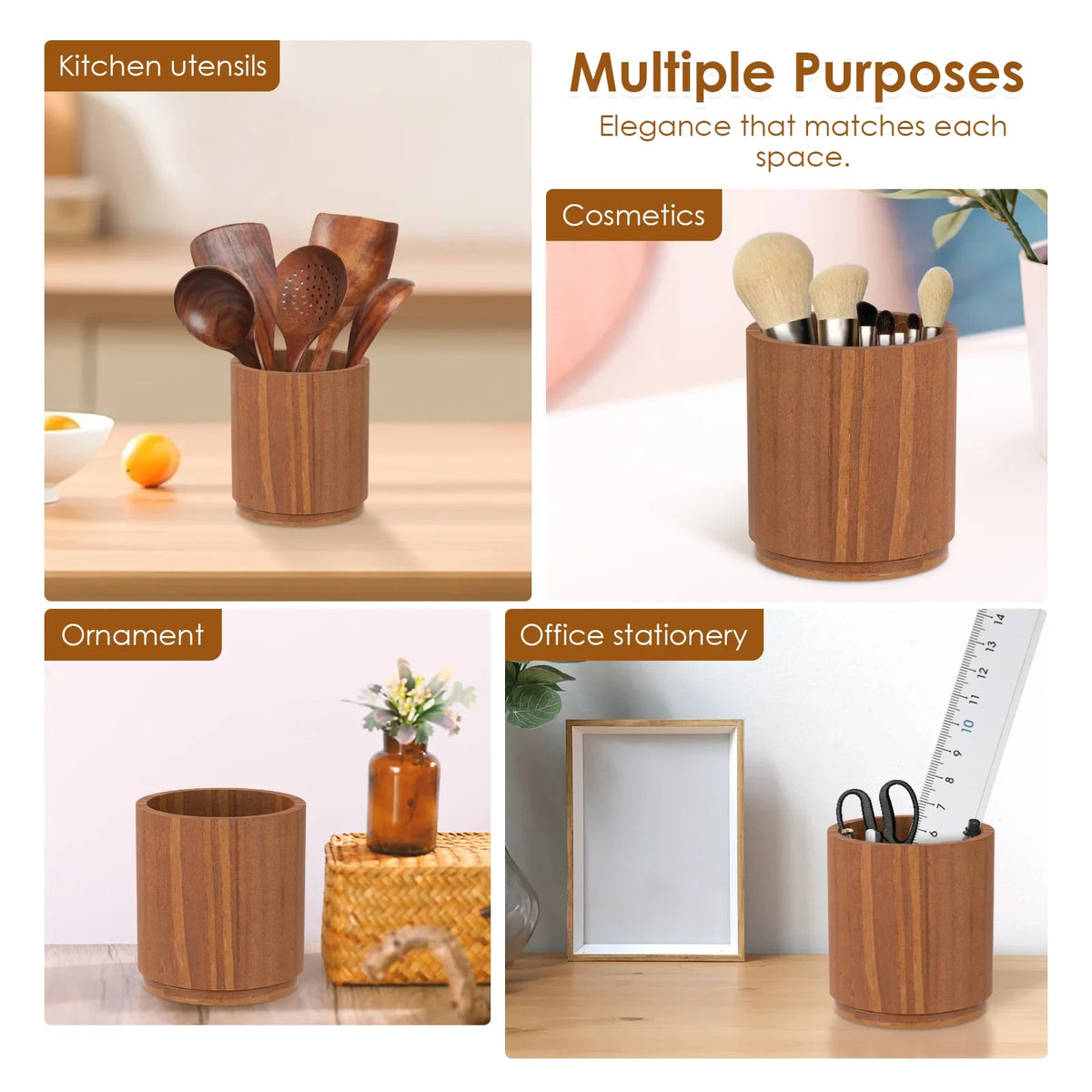 Utensil Holder Rotating 360 Degree Wooden Kitchen Benchtop Organiser - Brown
