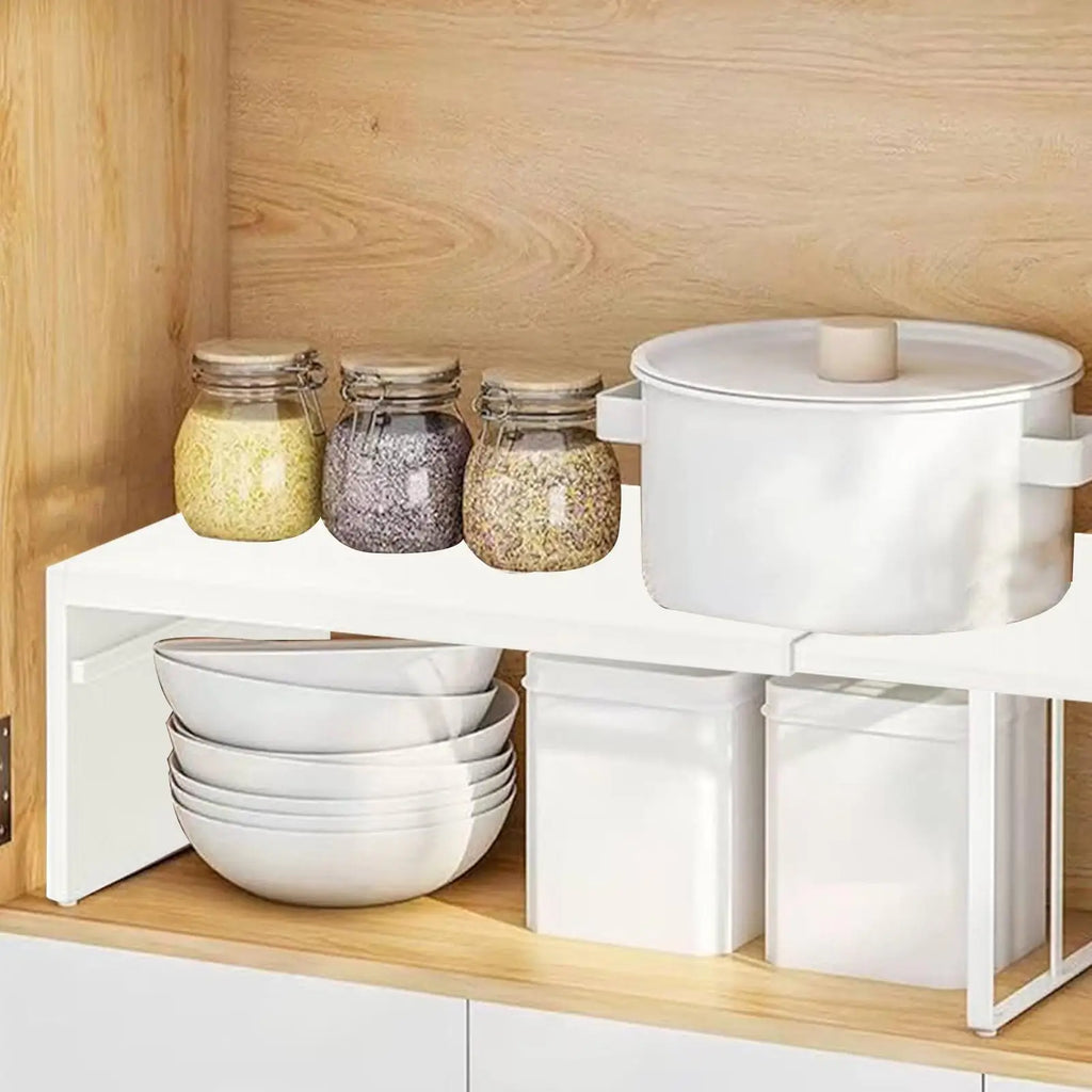 Expandable Cabinet Shelf Adjustable Countertop Storage Rack Space Saving Kitchen Organiser Bamboo Style