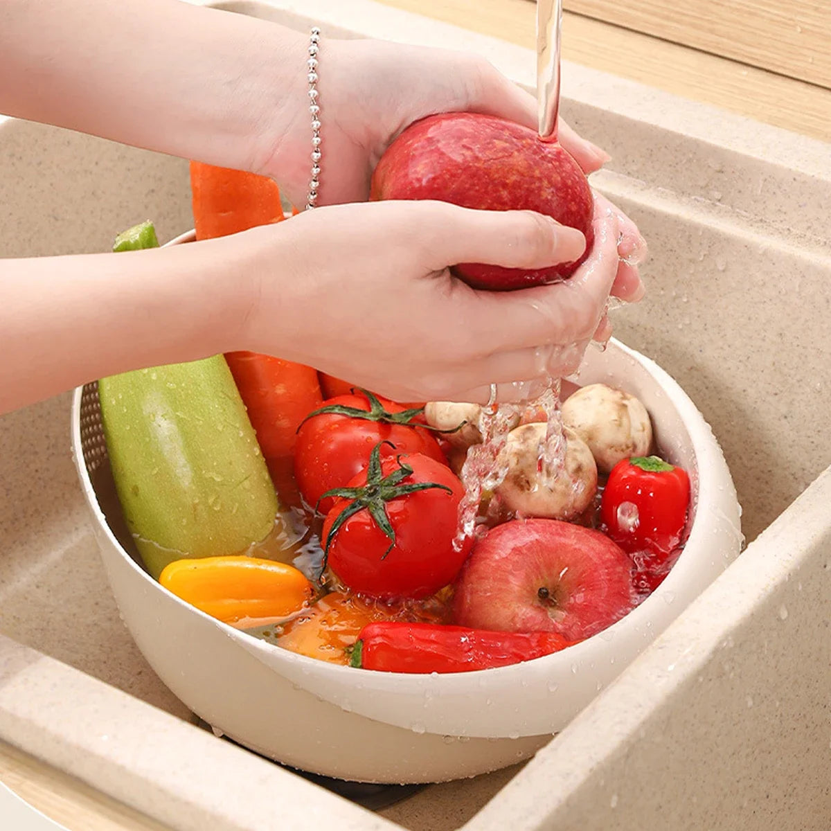 Multi-Purpose Rice Drainage Basket Fruit & Vegetable Colander – White