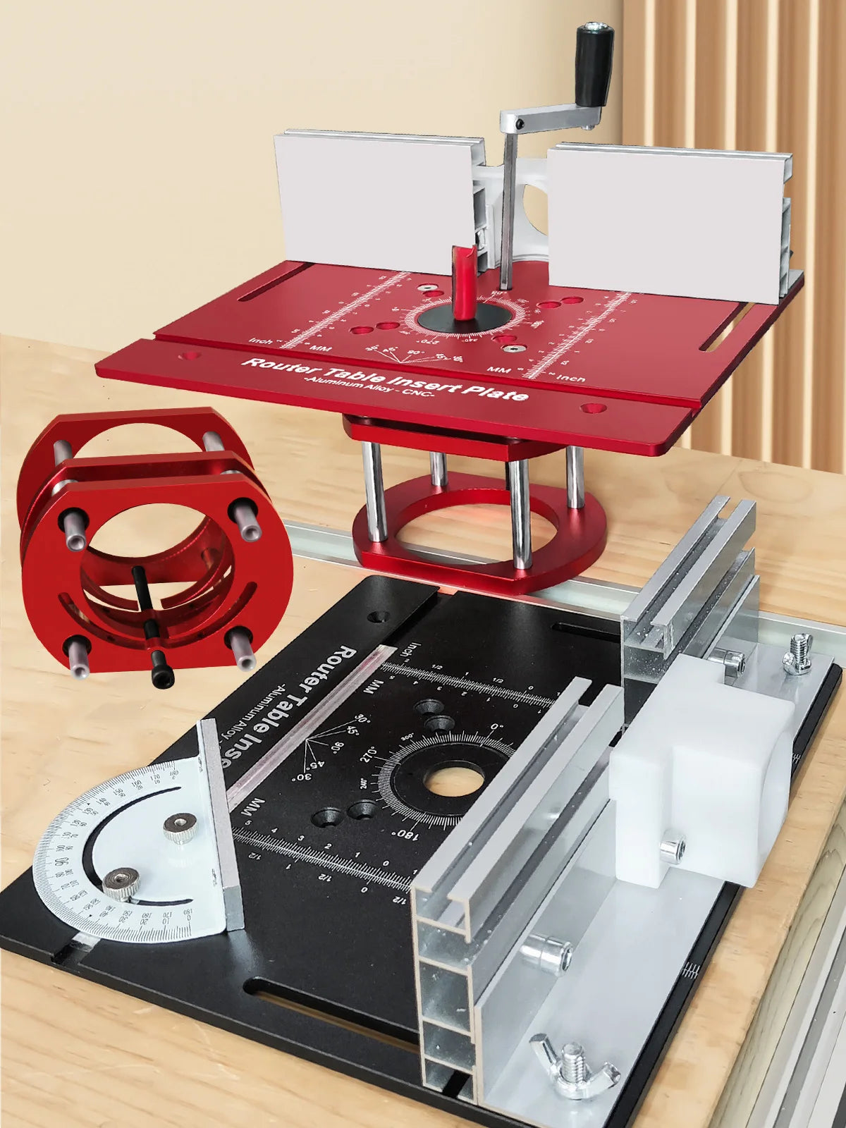 Router Table Insert Plate Set with Lift Base for Woodworking Trimming Slotting and Chamfering Red