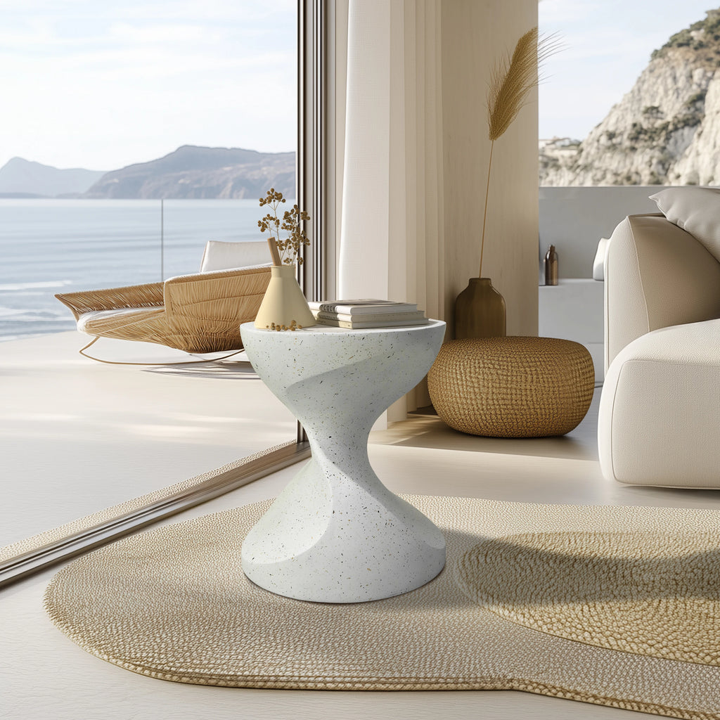 Side Table Concrete 37.5cm Hourglass Shaped Round Accent End Unit – White