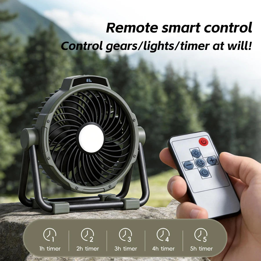 Camping Fan 10000mAh Rechargeable Portable Tent Air Circulator with LED Light – Green