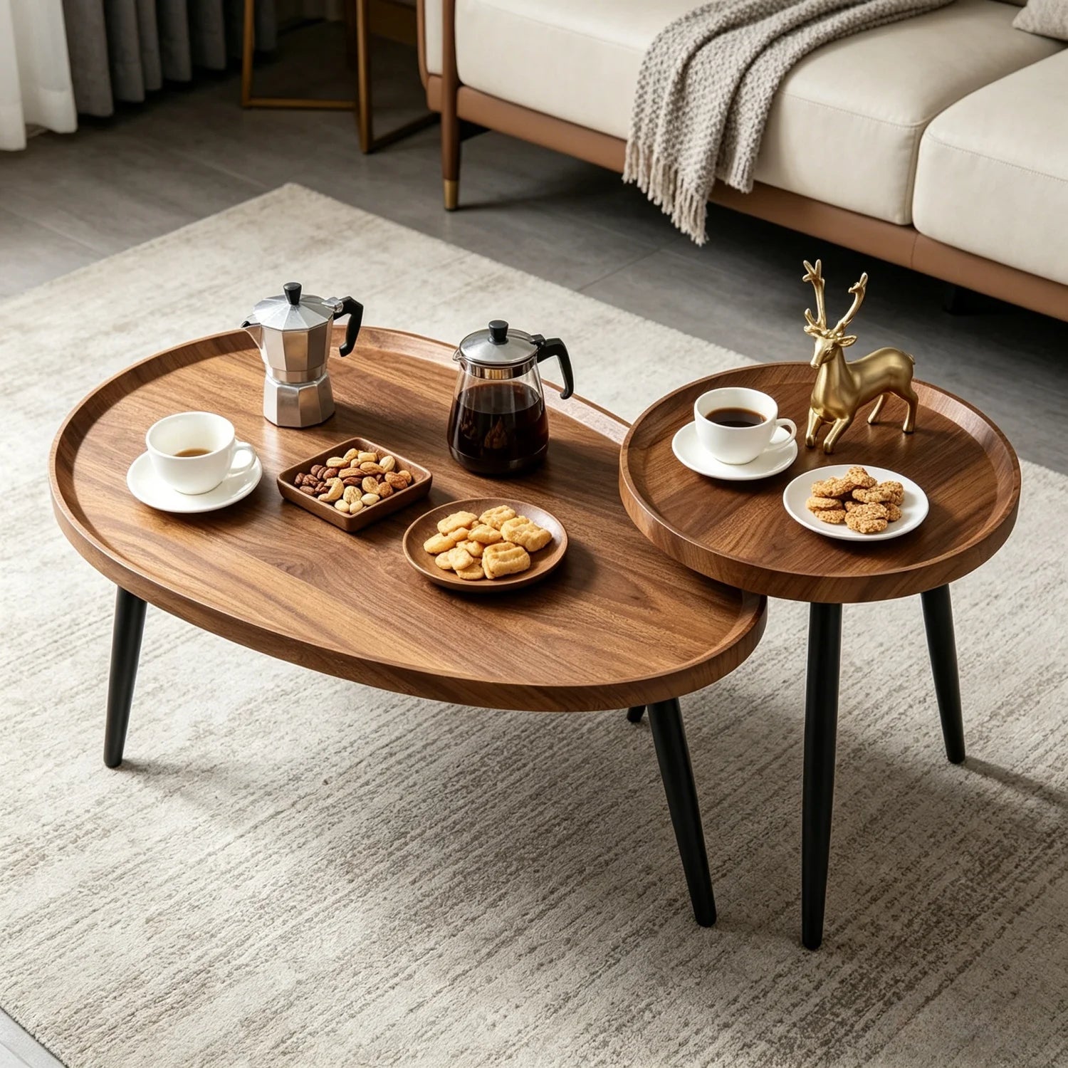 Coffee Table Set of 2 Drop Shape Nesting Wood Top Accent Tables – Walnut