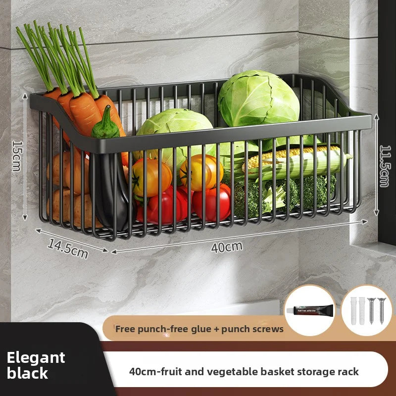 No Drill Wall Mounted Kitchen Storage Rack Metal Spice Organizer Vegetable Basket Shelf – Black