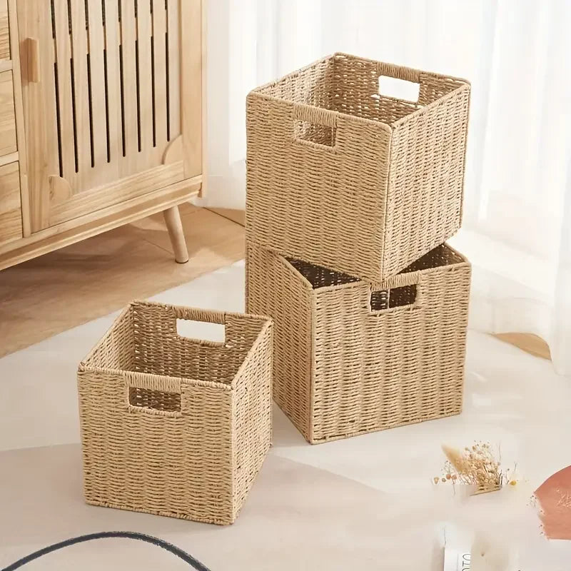 Portable Foldable Wicker Storage Basket Handmade Plant Fiber Organizer for Clothes Toys and Home Storage