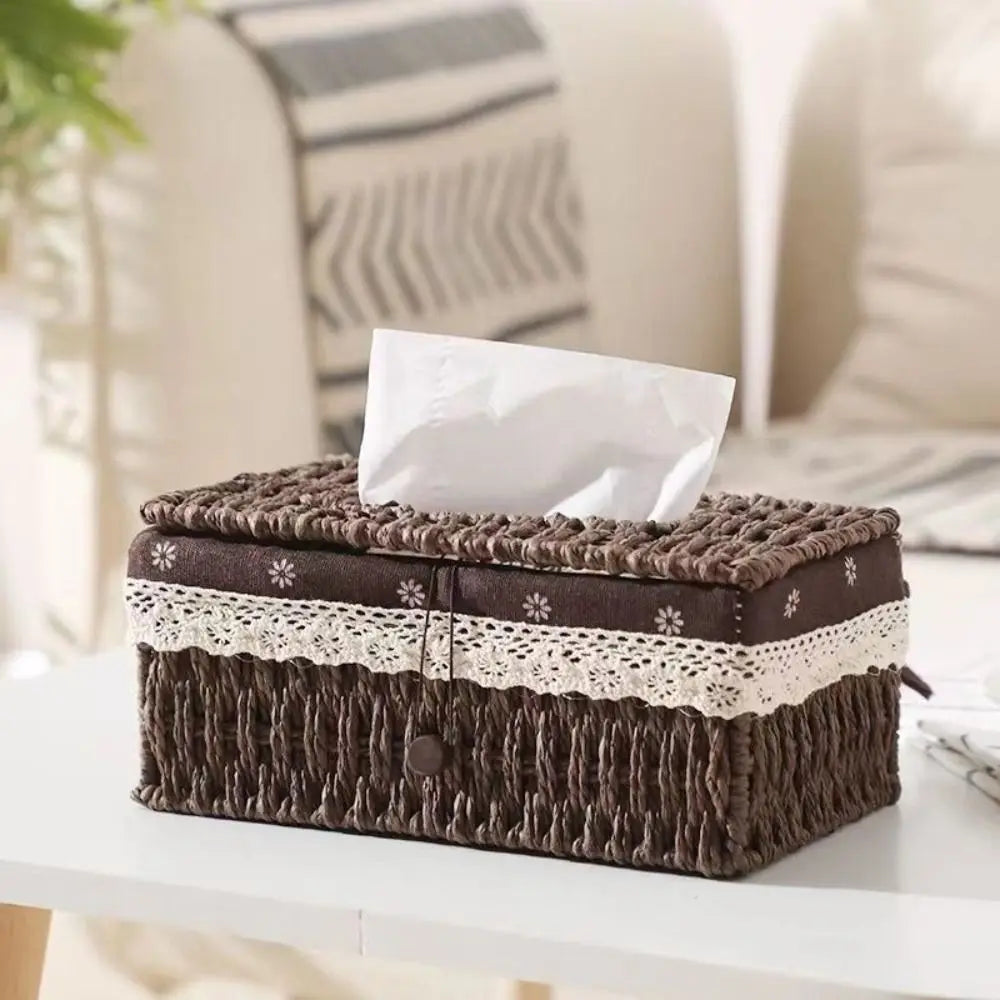Handwoven Rattan Tissue Box Cover with Lid Decorative Napkin Holder for Living Room Bathroom Dining Table – Beige