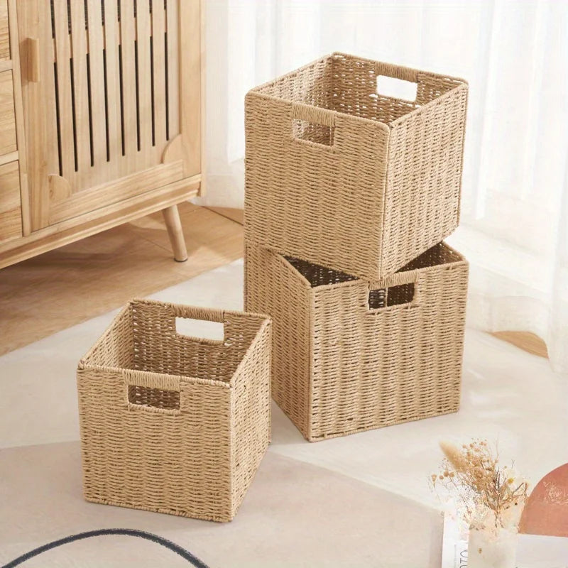 Cube Storage Basket Wicker Foldable Clothing Organiser with Handles - Khaki