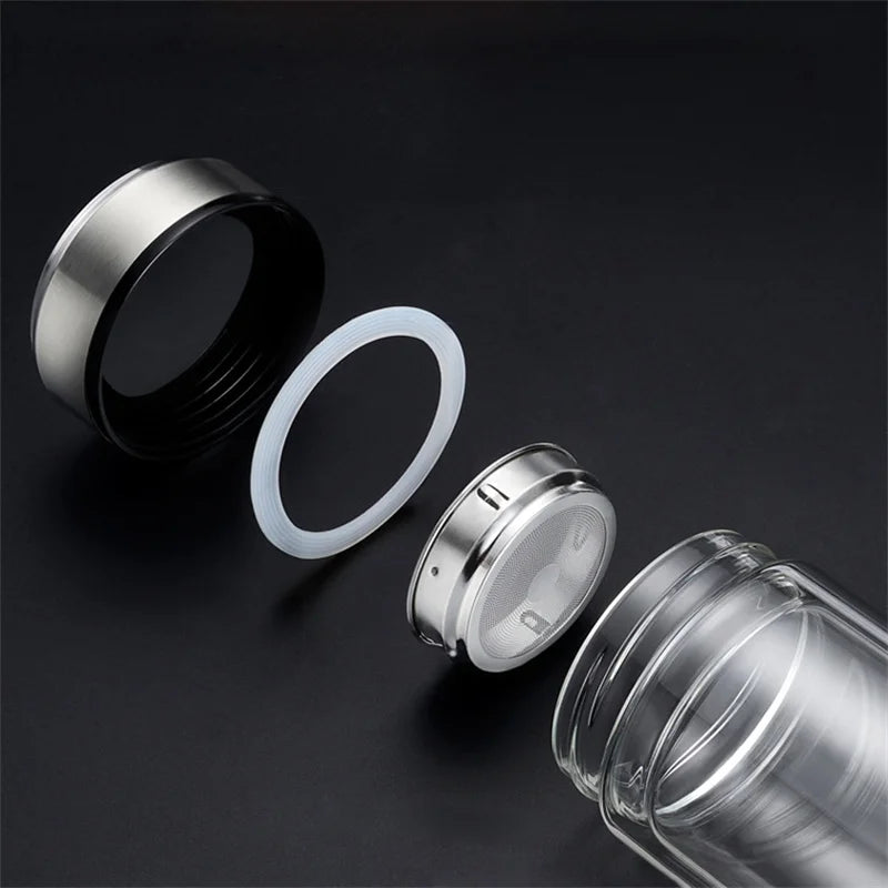 Glass Tea Bottle 1000mL Double Wall Infuser Portable Drinking Cup with Stainless Steel Lid