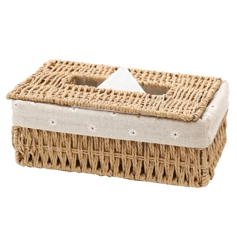 Handwoven Rattan Tissue Box Cover with Lid Decorative Napkin Holder for Living Room Bathroom Dining Table – Beige