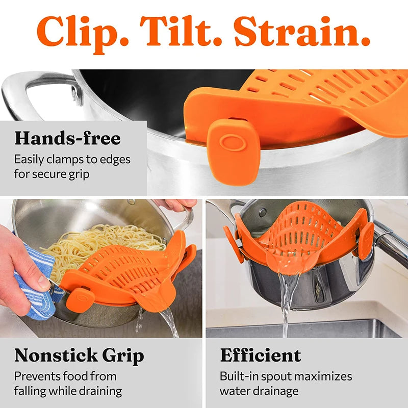 Kitchen Strainer Clip-On Silicone Colander for Pots Pans Bowls Space Saving Design - Black