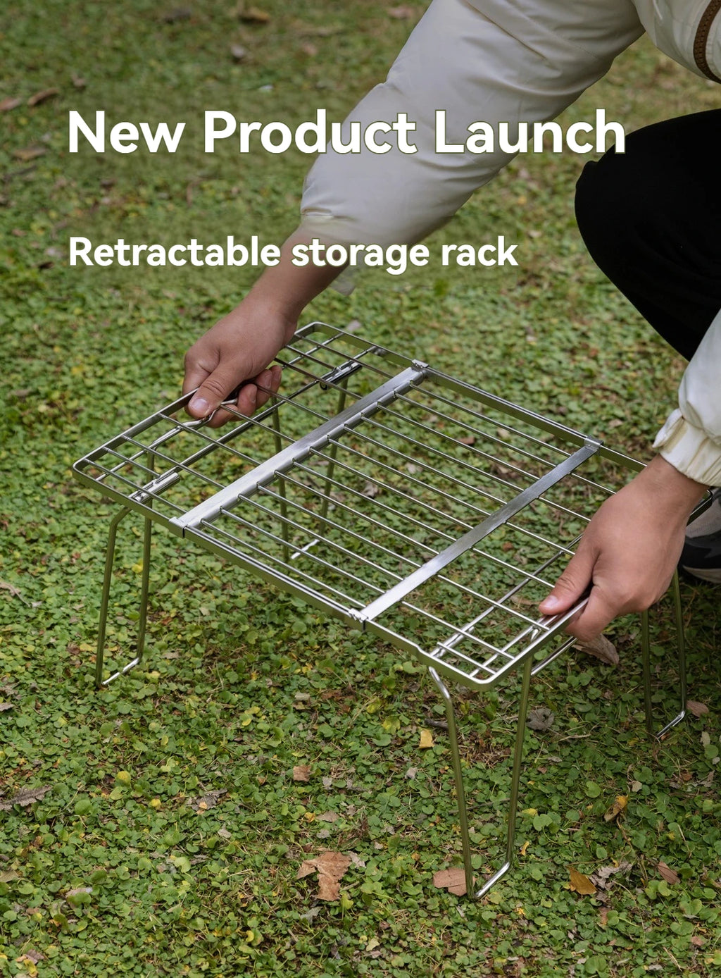 Camping Storage Rack Folding Stainless Steel Telescopic Field Shelf – Silver