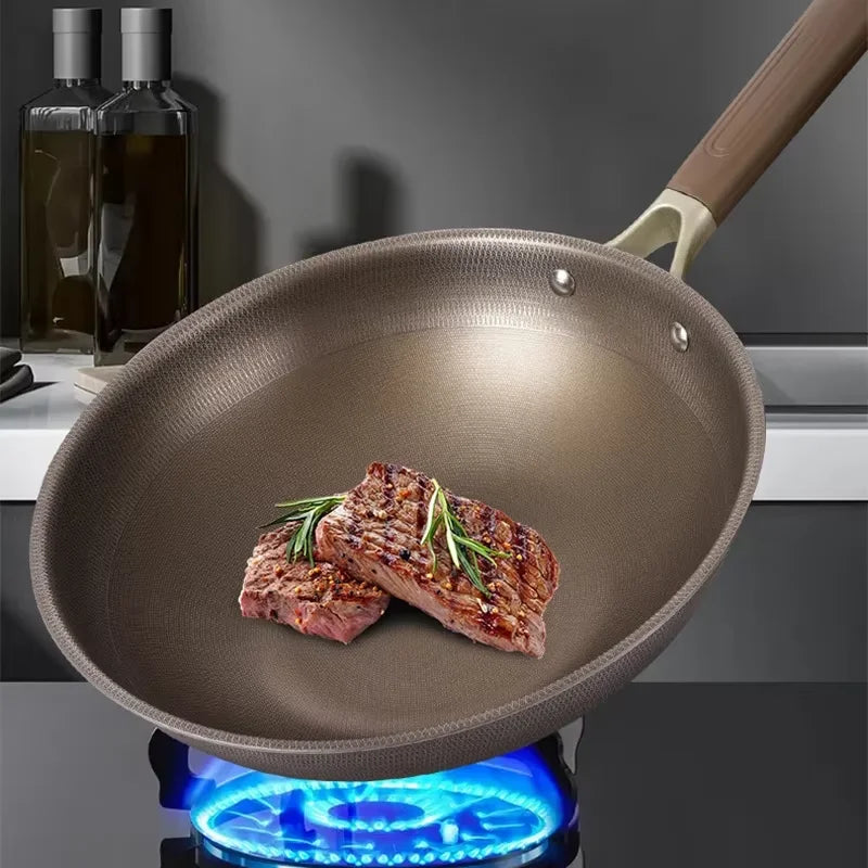 Frying Pan 34cm Heavy Duty Stainless Steel Titanium Surface Wok Induction Compatible