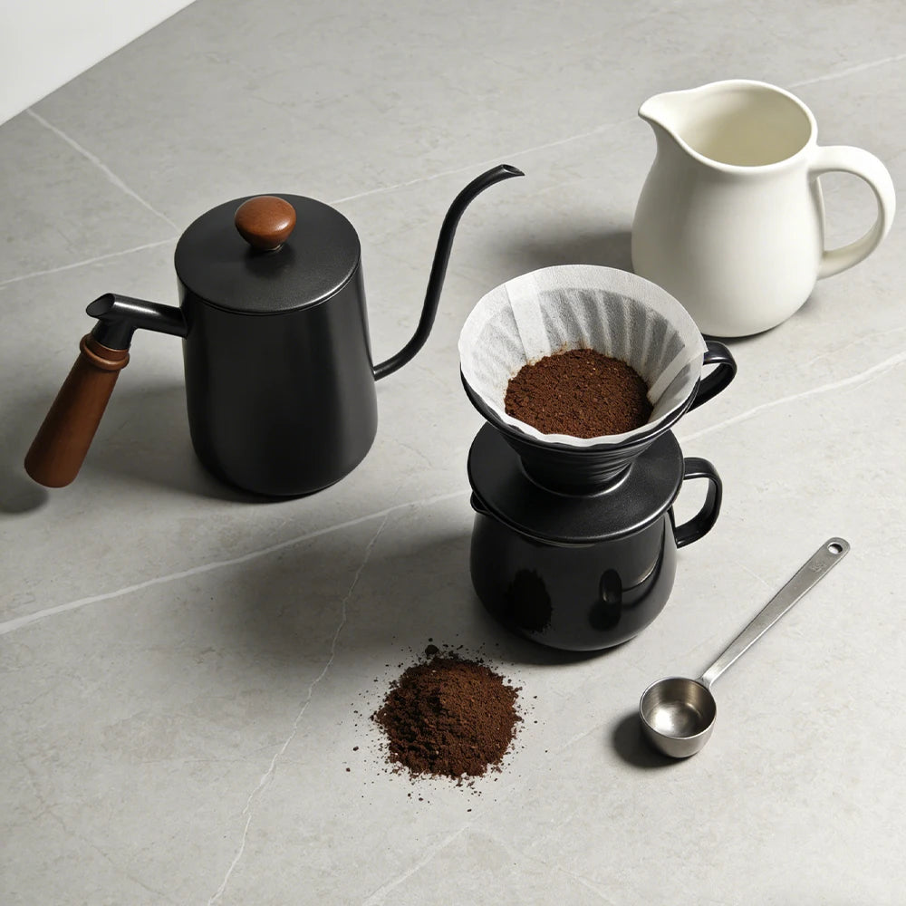 Coffee Pouring Pot 600mL Stainless Steel Gooseneck Manual Drip Brewer with Lid and Handle