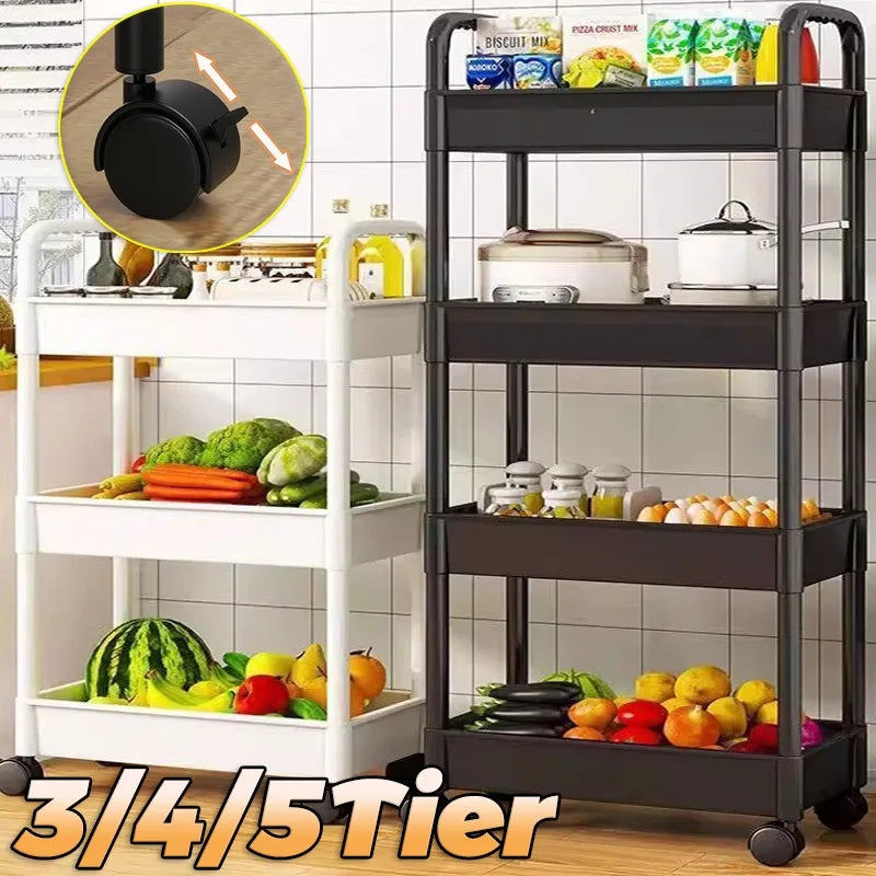 5 Tier Rolling Storage Trolley Cart Mobile Plastic Organiser Shelf with Wheels – Black