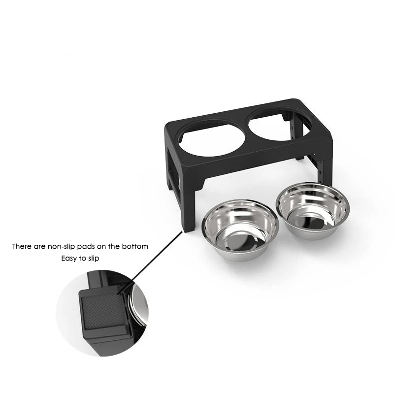 Elevated Dog Feeder Adjustable Raised Stand 2 Stainless Steel Bowls - Black